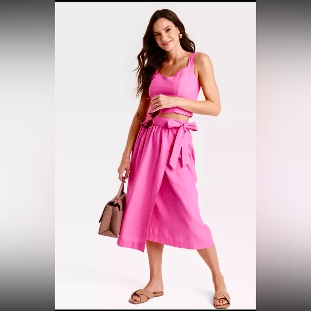 A NEW DAY Linen-Blend Belted Wrap Pink Midi Skirt